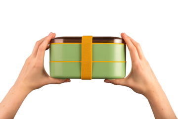 Lunch box in hands isolated on white background