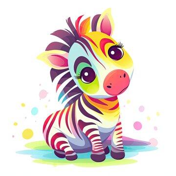 Cute baby zebra collection, playing and smiling on a white background. Colorful baby zebra set illustration with cute eyes and color splash. Baby zebra sitting and smiling. Generative AI.