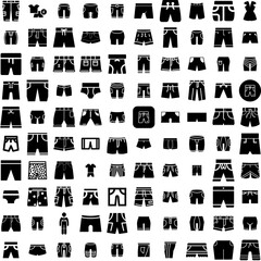 Collection Of 100 Shorts Icons Set Isolated Solid Silhouette Icons Including Fashion, Shorts, Apparel, Wear, Illustration, Vector, Template Infographic Elements Vector Illustration Logo