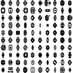 Collection Of 100 Smartwatch Icons Set Isolated Solid Silhouette Icons Including Device, Technology, Smartwatch, Wearable, Gadget, Smart, Watch Infographic Elements Vector Illustration Logo
