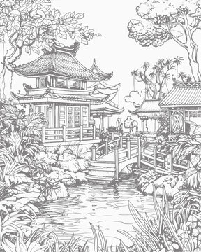 Illustration china house in forest coloring book for kids and adults black and white isolated on white background.