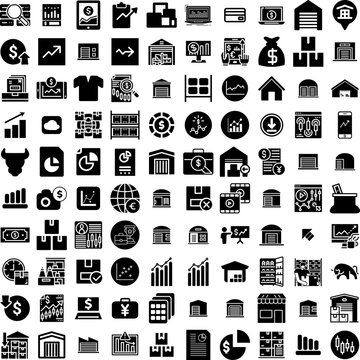 Collection Of 100 Stock Icons Set Isolated Solid Silhouette Icons Including Finance, Chart, Market, Business, Exchange, Graph, Stock Infographic Elements Vector Illustration Logo