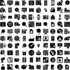Collection Of 100 Tracking Icons Set Isolated Solid Silhouette Icons Including Sport, Track, Race, Speed, Drive, Road, Car Infographic Elements Vector Illustration Logo