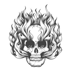 Burning Human Skull in Flame Monochrome Tattoo