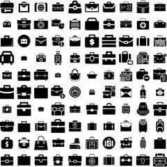 Collection Of 100 Briefcase Icons Set Isolated Solid Silhouette Icons Including Business, Case, Briefcase, Design, Bag, Office, Suitcase Infographic Elements Vector Illustration Logo