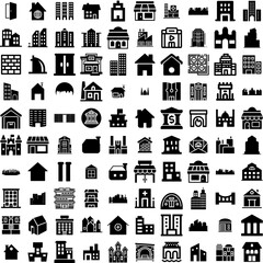 Collection Of 100 Building Icons Set Isolated Solid Silhouette Icons Including Construction, Urban, City, Office, Business, Architecture, Building Infographic Elements Vector Illustration Logo