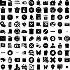 Collection Of 100 Delete Icons Set Isolated Solid Silhouette Icons Including Design, Symbol, Delete, Vector, Web, Icon, Trash Infographic Elements Vector Illustration Logo