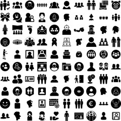 Collection Of 100 People Icons Set Isolated Solid Silhouette Icons Including Female, Team, Work, People, Person, Business, Group Infographic Elements Vector Illustration Logo