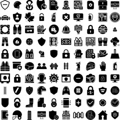 Collection Of 100 Safety Icons Set Isolated Solid Silhouette Icons Including Safety, Industry, Worker, Protection, Health, Work, Concept Infographic Elements Vector Illustration Logo