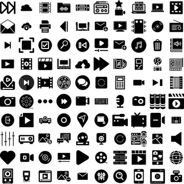 Collection Of 100 Multimedia Icons Set Isolated Solid Silhouette Icons Including Video, Technology, Multimedia, Movie, Computer, Media, Film Infographic Elements Vector Illustration Logo