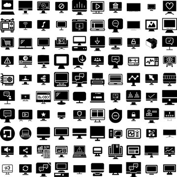 Collection Of 100 Monitor Icons Set Isolated Solid Silhouette Icons Including Technology, Screen, Display, Computer, Business, Isolated, Monitor Infographic Elements Vector Illustration Logo
