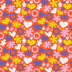 Red colorful abstract tense pattern made of cut out simple shapes - heart, flower. Vector seamless background.