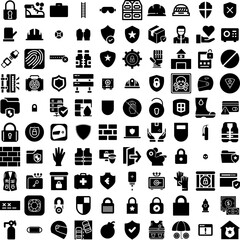 Collection Of 100 Safety Icons Set Isolated Solid Silhouette Icons Including Concept, Work, Protection, Worker, Industry, Health, Safety Infographic Elements Vector Illustration Logo