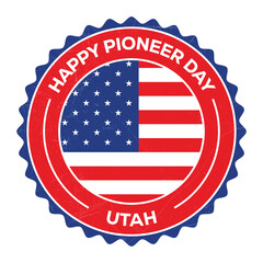 Happy Pioneer Day Badge, Emblem, Seal, Stamp, Rubber, T shirt, Sticker, Label Design With USA National Flag and Grunge Texture, Retro Vintage Style Vector Illustration