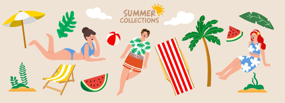 Summer Collection  Illustration. Banner, Vector, Coconut Tree, Human, Bikini, Beach Chair And Watermelon