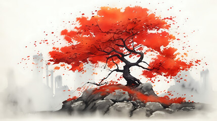 Sumie red tree on rock.