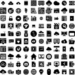 Collection Of 100 Internet Icons Set Isolated Solid Silhouette Icons Including Web, Communication, Background, Network, Internet, Technology, Concept Infographic Elements Vector Illustration Logo