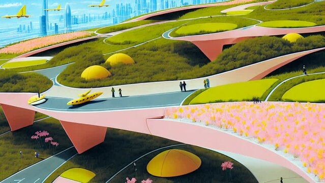 generativeai motion animation of surreal pastel painting of cityscapes and gardens. Digital image painted landscape videoloop impressionism style.