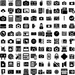 Collection Of 100 Digital Icons Set Isolated Solid Silhouette Icons Including Business, Data, Digital, Network, Technology, Concept, Background Infographic Elements Vector Illustration Logo