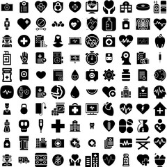 Collection Of 100 Health Icons Set Isolated Solid Silhouette Icons Including Medical, Health, Concept, Care, Medicine, People, Mental Infographic Elements Vector Illustration Logo