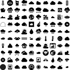 Collection Of 100 Weather Icons Set Isolated Solid Silhouette Icons Including Sky, Cloud, Sun, Set, Weather, Forecast, Rain Infographic Elements Vector Illustration Logo