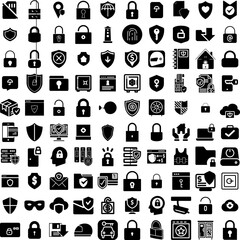 Collection Of 100 Secure Icons Set Isolated Solid Silhouette Icons Including Secure, Privacy, Technology, Internet, Computer, Protection, Security Infographic Elements Vector Illustration Logo