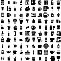 Collection Of 100 Drink Icons Set Isolated Solid Silhouette Icons Including Beverage, Glass, Lifestyle, Woman, Drink, Young, Happy Infographic Elements Vector Illustration Logo
