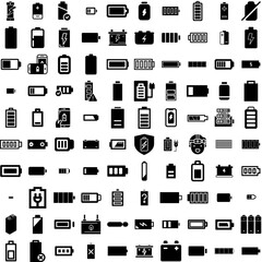 Collection Of 100 Battery Icons Set Isolated Solid Silhouette Icons Including Electricity, Lithium, Battery, Electric, Power, Industry, Energy Infographic Elements Vector Illustration Logo