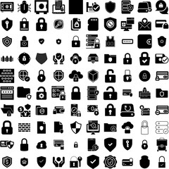 Collection Of 100 Secure Icons Set Isolated Solid Silhouette Icons Including Security, Technology, Computer, Protection, Secure, Privacy, Internet Infographic Elements Vector Illustration Logo