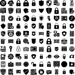 Collection Of 100 Security Icons Set Isolated Solid Silhouette Icons Including Security, Computer, Protection, Technology, Internet, Secure, Privacy Infographic Elements Vector Illustration Logo