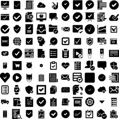 Collection Of 100 Check Icons Set Isolated Solid Silhouette Icons Including Yes, Symbol, Vector, Ok, Mark, Isolated, Icon Infographic Elements Vector Illustration Logo