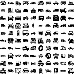 Collection Of 100 Vehicle Icons Set Isolated Solid Silhouette Icons Including Battery, Vehicle, Power, Automobile, Car, Technology, Transport Infographic Elements Vector Illustration Logo