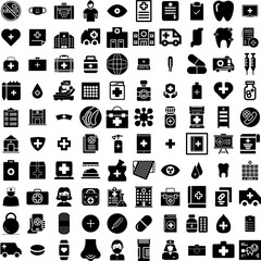 Collection Of 100 Medical Icons Set Isolated Solid Silhouette Icons Including Hospital, Clinic, Doctor, Medical, Health, Medicine, Care Infographic Elements Vector Illustration Logo