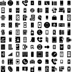 Collection Of 100 Phone Icons Set Isolated Solid Silhouette Icons Including Mobile, Phone, Cellphone, Screen, Smartphone, Device, Isolated Infographic Elements Vector Illustration Logo