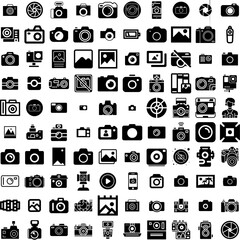 Collection Of 100 Photography Icons Set Isolated Solid Silhouette Icons Including Technology, Lens, Equipment, Photography, Photographer, Photo, Camera Infographic Elements Vector Illustration Logo