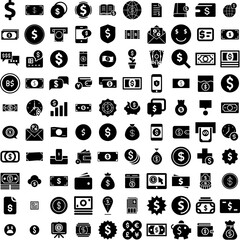 Collection Of 100 Dollar Icons Set Isolated Solid Silhouette Icons Including Currency, Dollar, Money, Finance, Bank, Banking, Business Infographic Elements Vector Illustration Logo