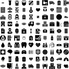 Collection Of 100 Medical Icons Set Isolated Solid Silhouette Icons Including Medical, Hospital, Medicine, Health, Care, Doctor, Clinic Infographic Elements Vector Illustration Logo