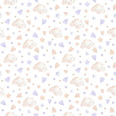 Watercolor pattern for children's clouds and stars.