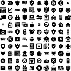 Collection Of 100 Protection Icons Set Isolated Solid Silhouette Icons Including Technology, Secure, Protection, Concept, Shield, Protect, Safety Infographic Elements Vector Illustration Logo