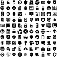 Collection Of 100 Security Icons Set Isolated Solid Silhouette Icons Including Computer, Technology, Secure, Protection, Internet, Security, Privacy Infographic Elements Vector Illustration Logo