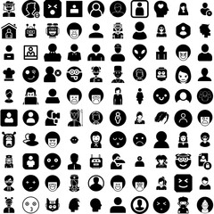 Collection Of 100 Avatar Icons Set Isolated Solid Silhouette Icons Including Man, Face, Avatar, Person, Human, Male, People Infographic Elements Vector Illustration Logo