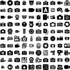 Collection Of 100 Camera Icons Set Isolated Solid Silhouette Icons Including Lens, Camera, Illustration, Digital, Photo, Photography, Equipment Infographic Elements Vector Illustration Logo
