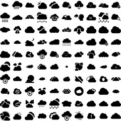 Fototapeta na wymiar Collection Of 100 Clouds Icons Set Isolated Solid Silhouette Icons Including Vector, Blue, Cloud, Sky, Background, Air, White Infographic Elements Vector Illustration Logo