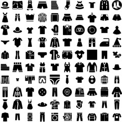 Collection Of 100 Clothes Icons Set Isolated Solid Silhouette Icons Including Fabric, Clothing, Fashion, Style, Background, Clothes, Cloth Infographic Elements Vector Illustration Logo