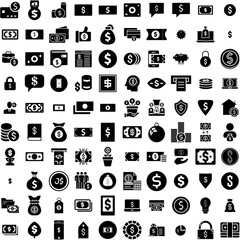 Collection Of 100 Dollar Icons Set Isolated Solid Silhouette Icons Including Banking, Money, Currency, Bank, Finance, Business, Dollar Infographic Elements Vector Illustration Logo