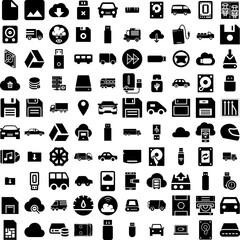 Collection Of 100 Drive Icons Set Isolated Solid Silhouette Icons Including Transport, Travel, Transportation, Car, Vehicle, Auto, Drive Infographic Elements Vector Illustration Logo