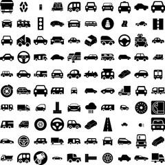 Collection Of 100 Driving Icons Set Isolated Solid Silhouette Icons Including Travel, Transport, Auto, Transportation, Car, Drive, Vehicle Infographic Elements Vector Illustration Logo