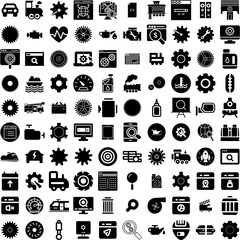 Collection Of 100 Engine Icons Set Isolated Solid Silhouette Icons Including Vehicle, Car, Auto, Machine, Engine, Motor, Automobile Infographic Elements Vector Illustration Logo