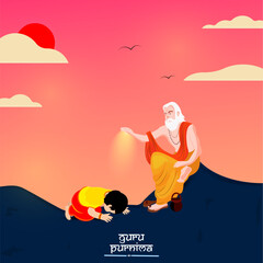 Happy Guru Purnima vector Illustration of guru and shishaya in a beautiful sunset background. - obrazy, fototapety, plakaty