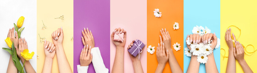 Set of female hands with beautiful manicure on color background, top view